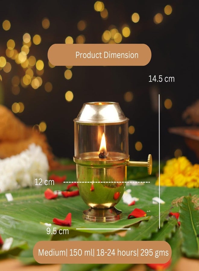 ServDharm Brass Akhand Jyot Diya with Adjustable Bati for Puja, Wick Adjustment Screw and Borosilicate Glass Cover I Medium, 150 ml Oil Capacity, Long Lasting 24 Hours Burning, Wicks Included - Image 2